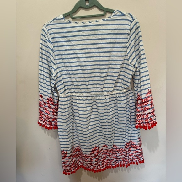Boden Esmerelda Blue White Stripe Red Pom Pom Beach Kaftan Swim Cover-up Sz 8 - Picture 6 of 7